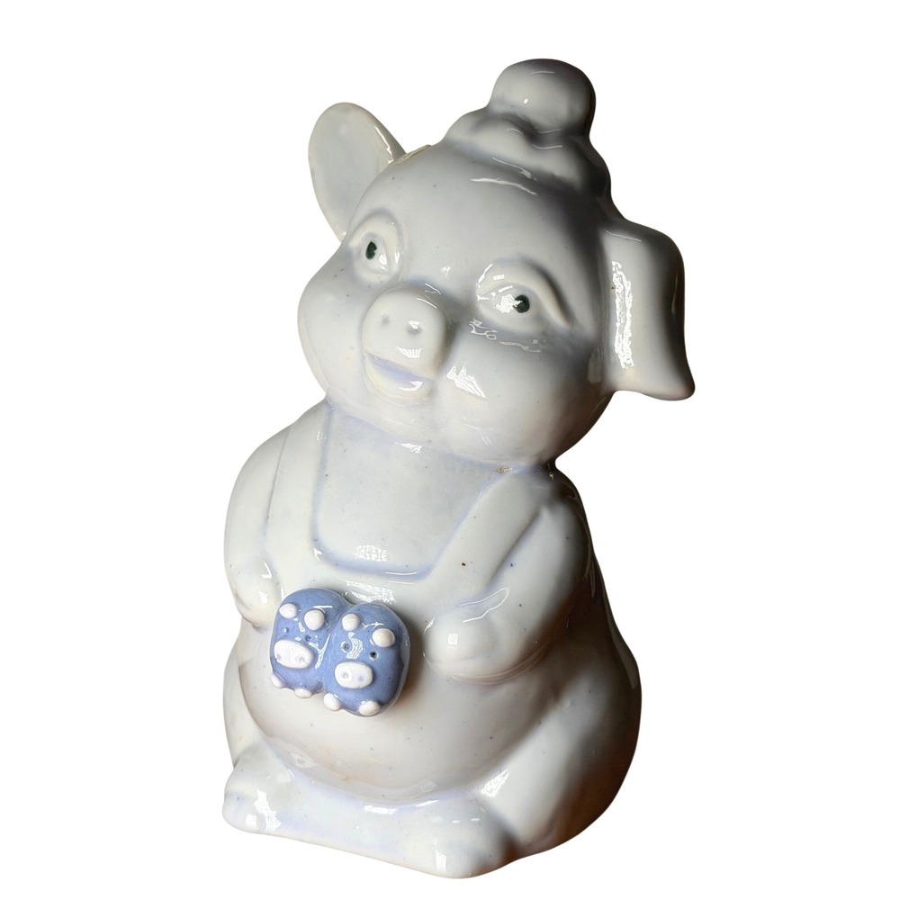 Vintage‎ Ceramic Pig Piggy Bank Blue Overalls Anthropomorphic Coin Bank Stopper